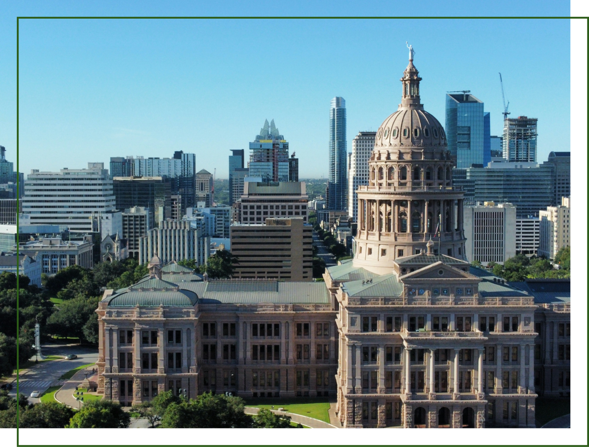 Photo of the Texas Capitol in downtown Austin, Texas, with offset green accent line