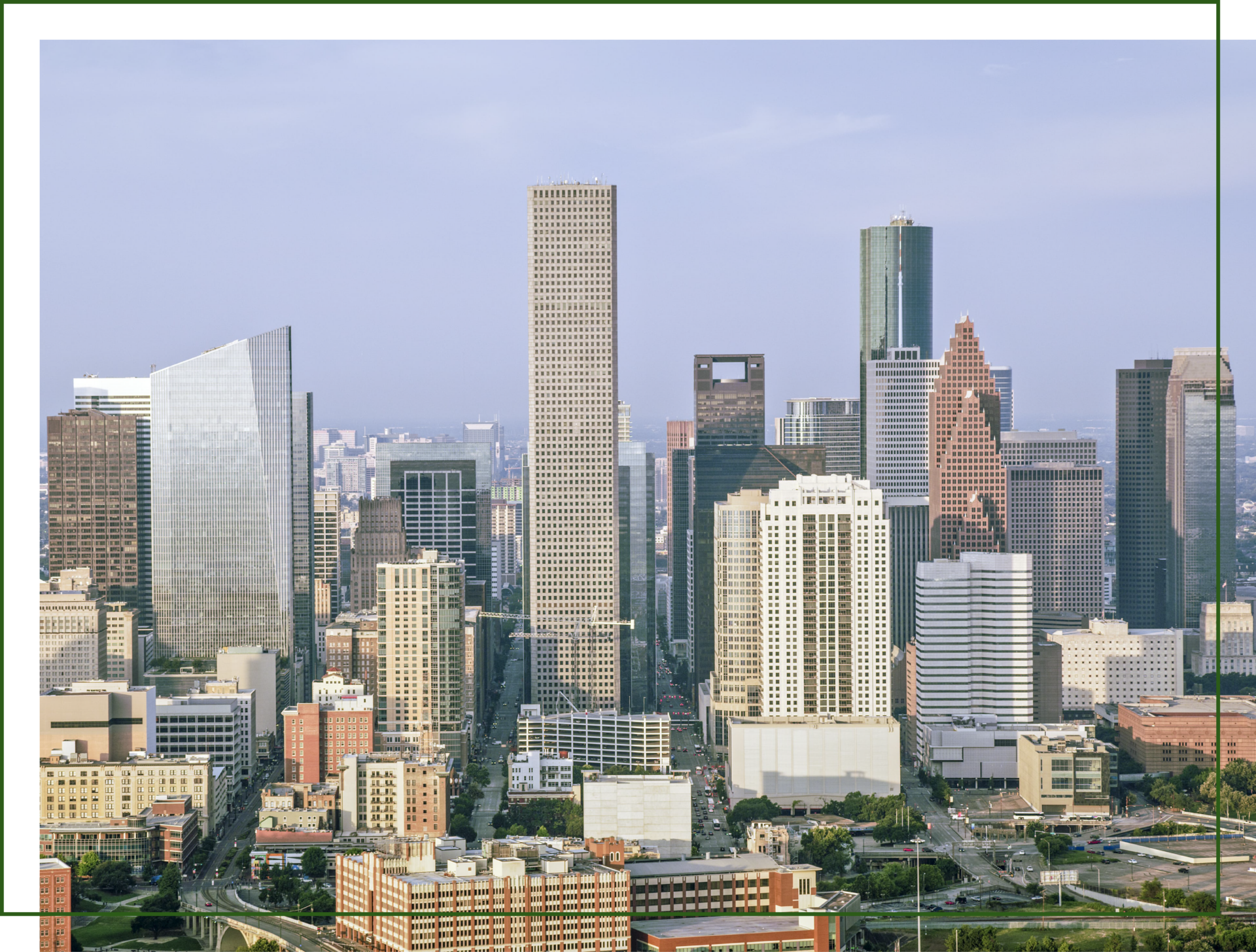 Photo of downtown Dallas, Texas, with offset green accent line